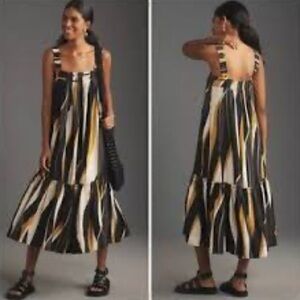 NWT By Anthropologie Square-Neck Waistless Midi Dress Black Motif